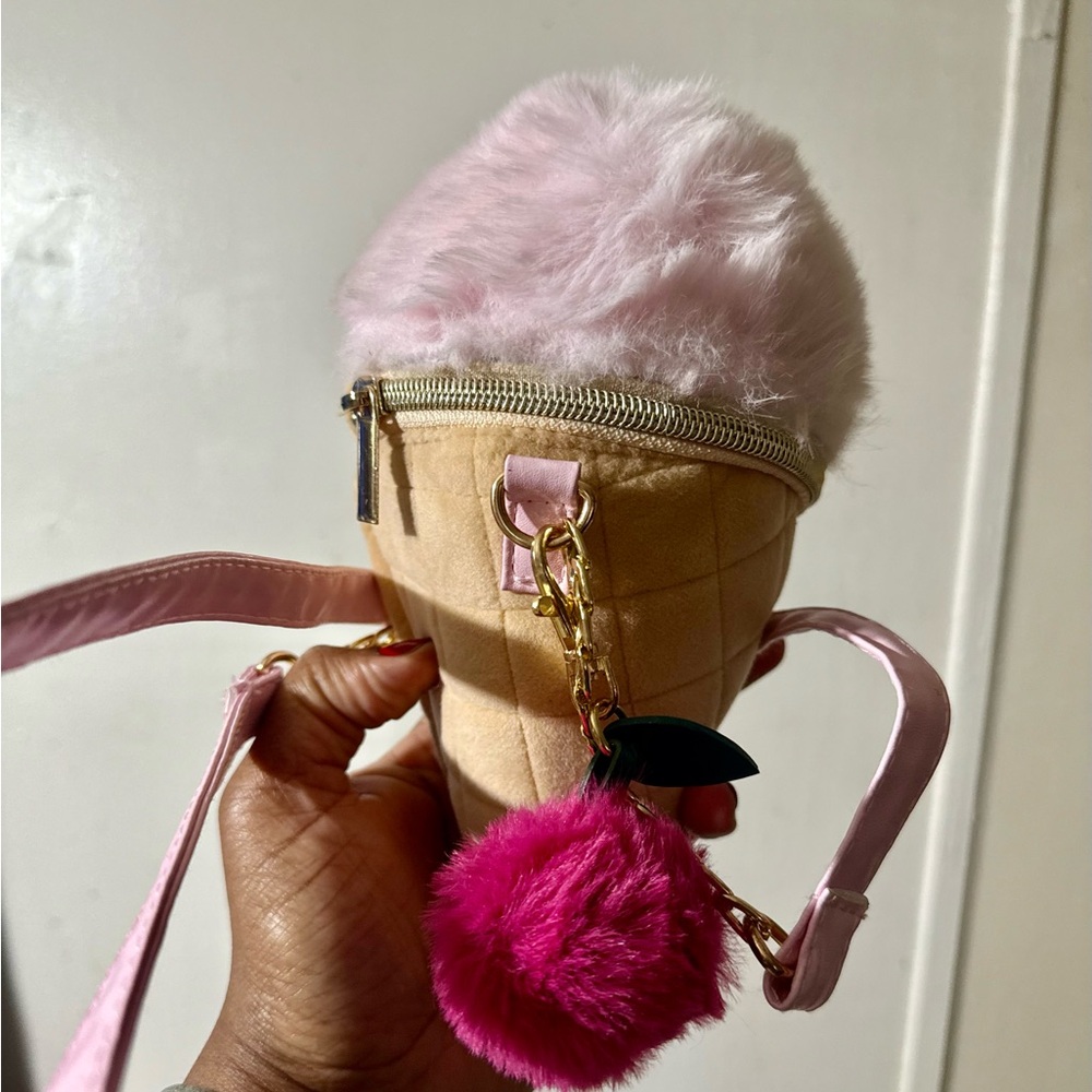 Ice Cream Cone Shaped Crossbody Bag with Pink Fur